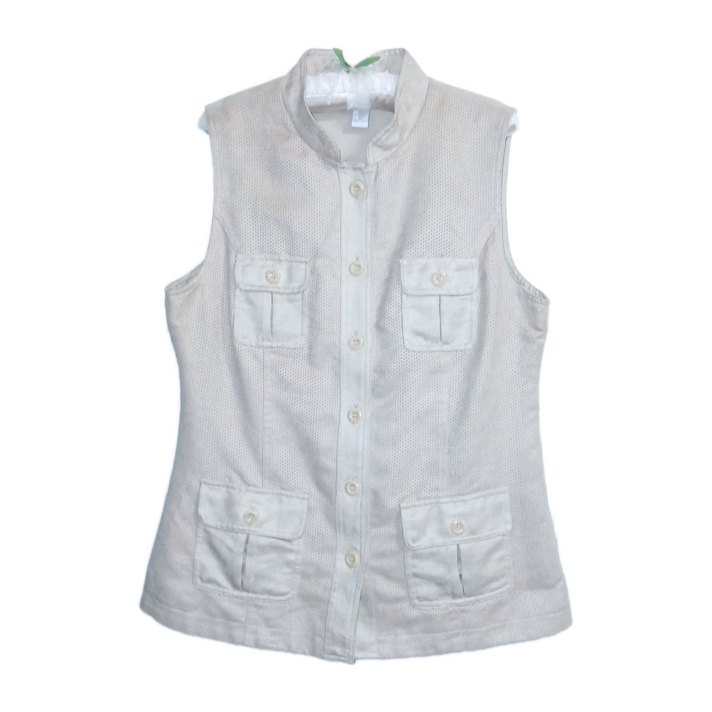 Chico's Women Faux Suede Vest 1 Medium Khaki Chore Utility Camp Hiking Lagenlook
